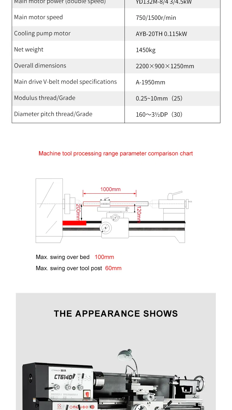 Chinese Factory CT6140 High Quality Horizontal Manual Lathe Machine Lathe