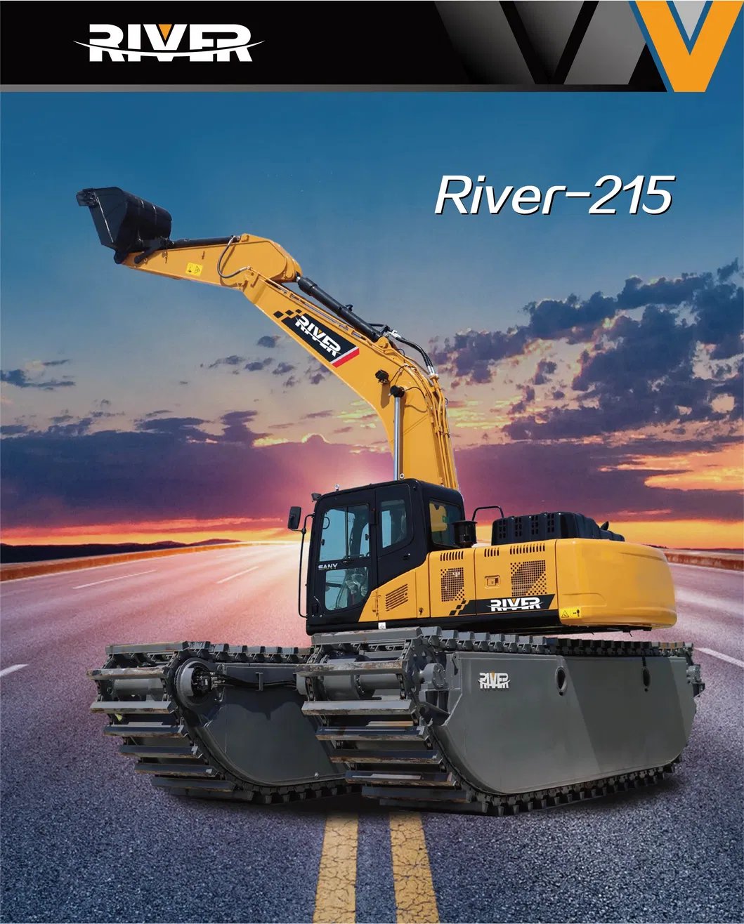 Towable Backhoe Caterpillar Loader Swamp Marsh Buggy Excavator with Attached Dredging Suction Pump and Side Spud Pile Pontoons